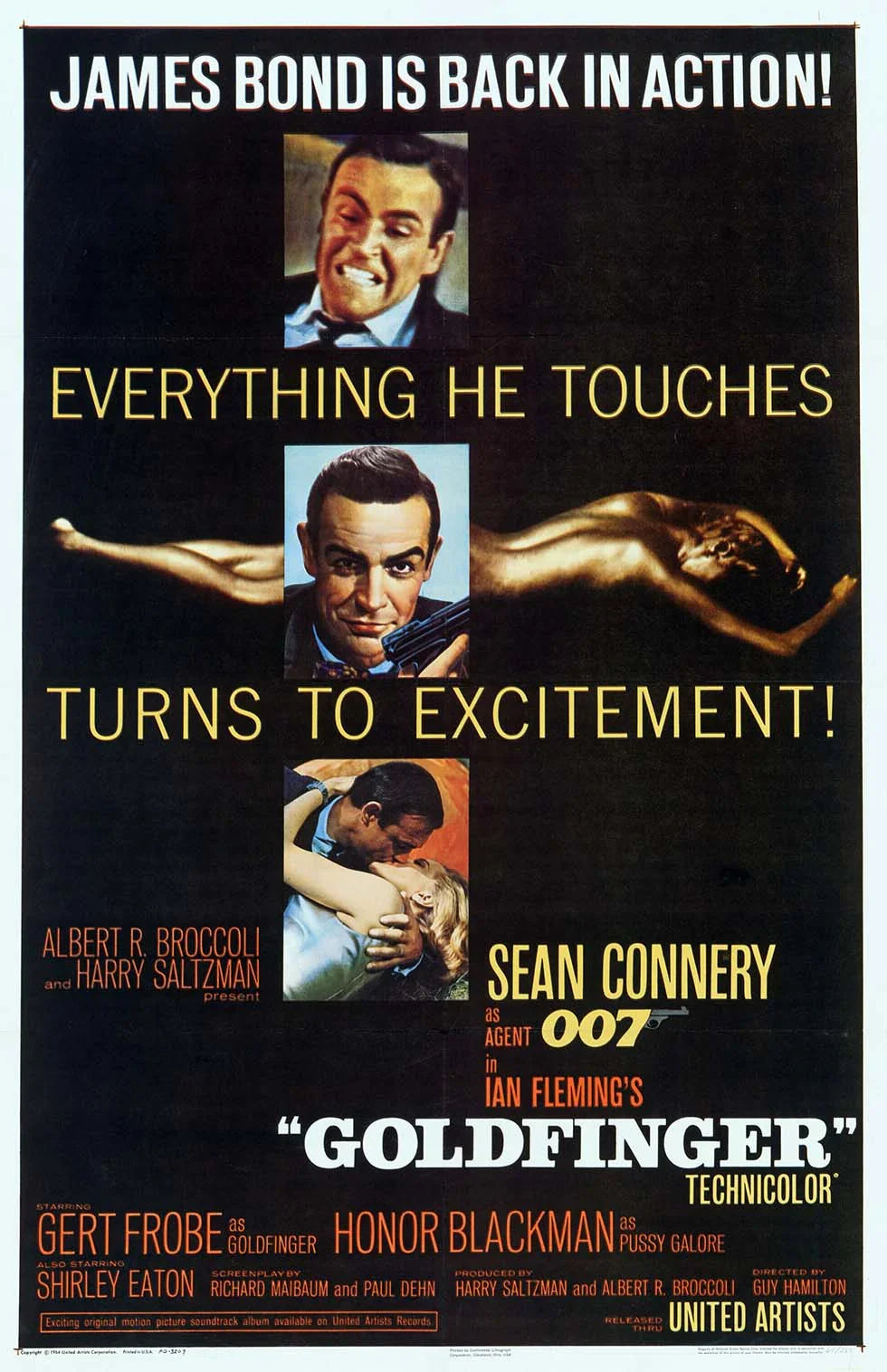 Original theatrical poster for Goldfinger (1964) featuring Sean Connery as James Bond, action shots, and key cast members like Honor Blackman.