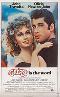 Original theatrical poster for Grease (1978) showing John Travolta as Danny Zuko and Olivia Newton-John as Sandy Olsson smiling close together.