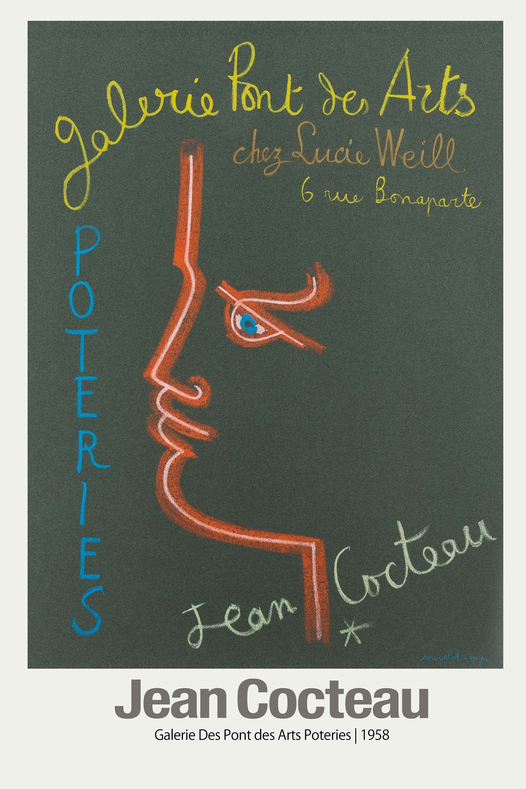 Jean Cocteau's 1958 Poteries exhibition poster showing a minimalist red/orange profile sketch with yellow script on a dark slate background.