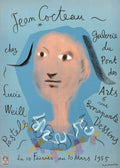 Jean Cocteau 1955 exhibition poster featuring a minimalist pastel portrait on a light blue background, with black script details.