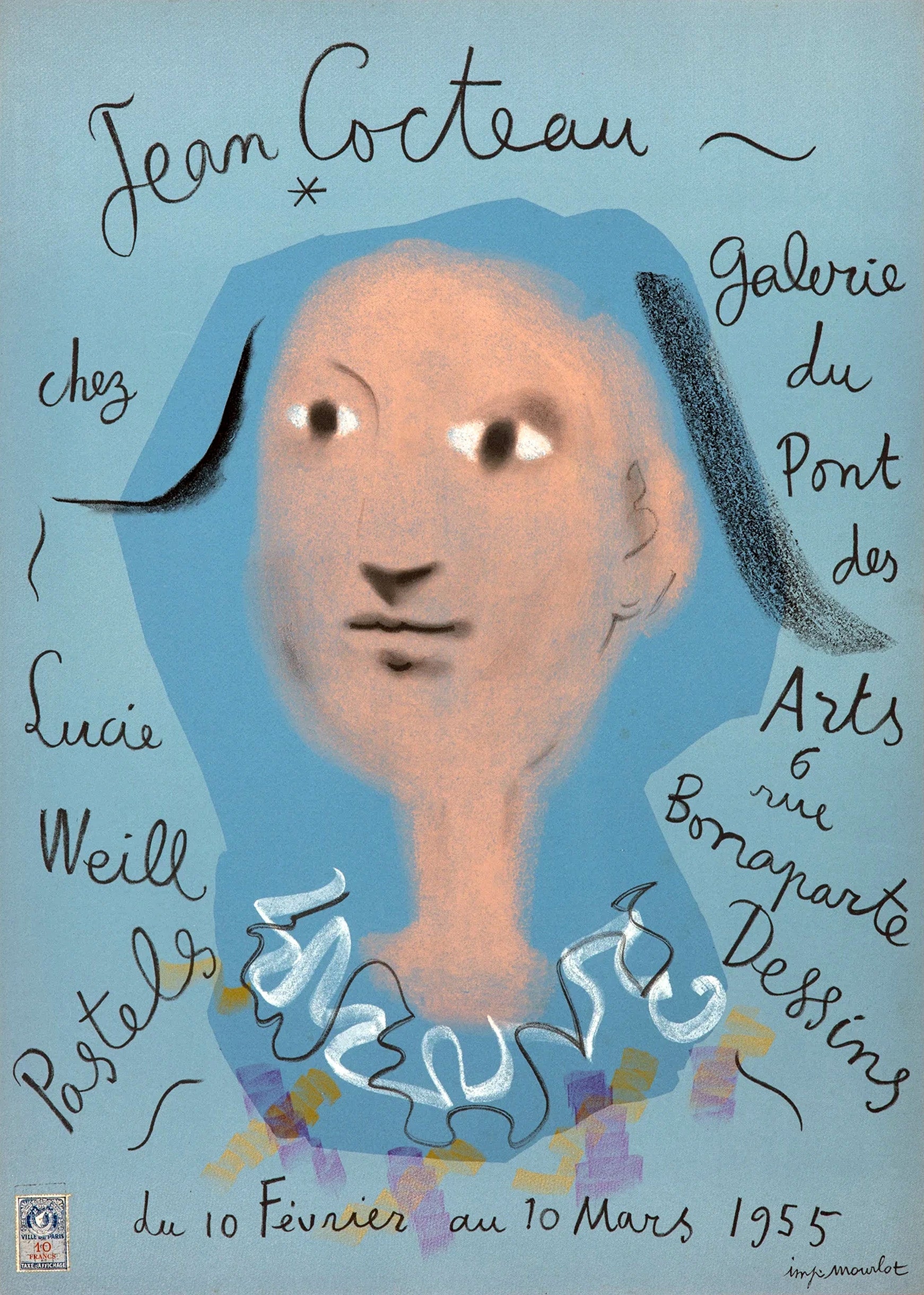 Jean Cocteau 1955 exhibition poster featuring a minimalist pastel portrait on a light blue background, with black script details.