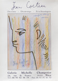 Jean Cocteau 1958 exhibition poster featuring a minimalist profile drawing outlined in black against vertical pastel stripes of blue, yellow, and orange.
