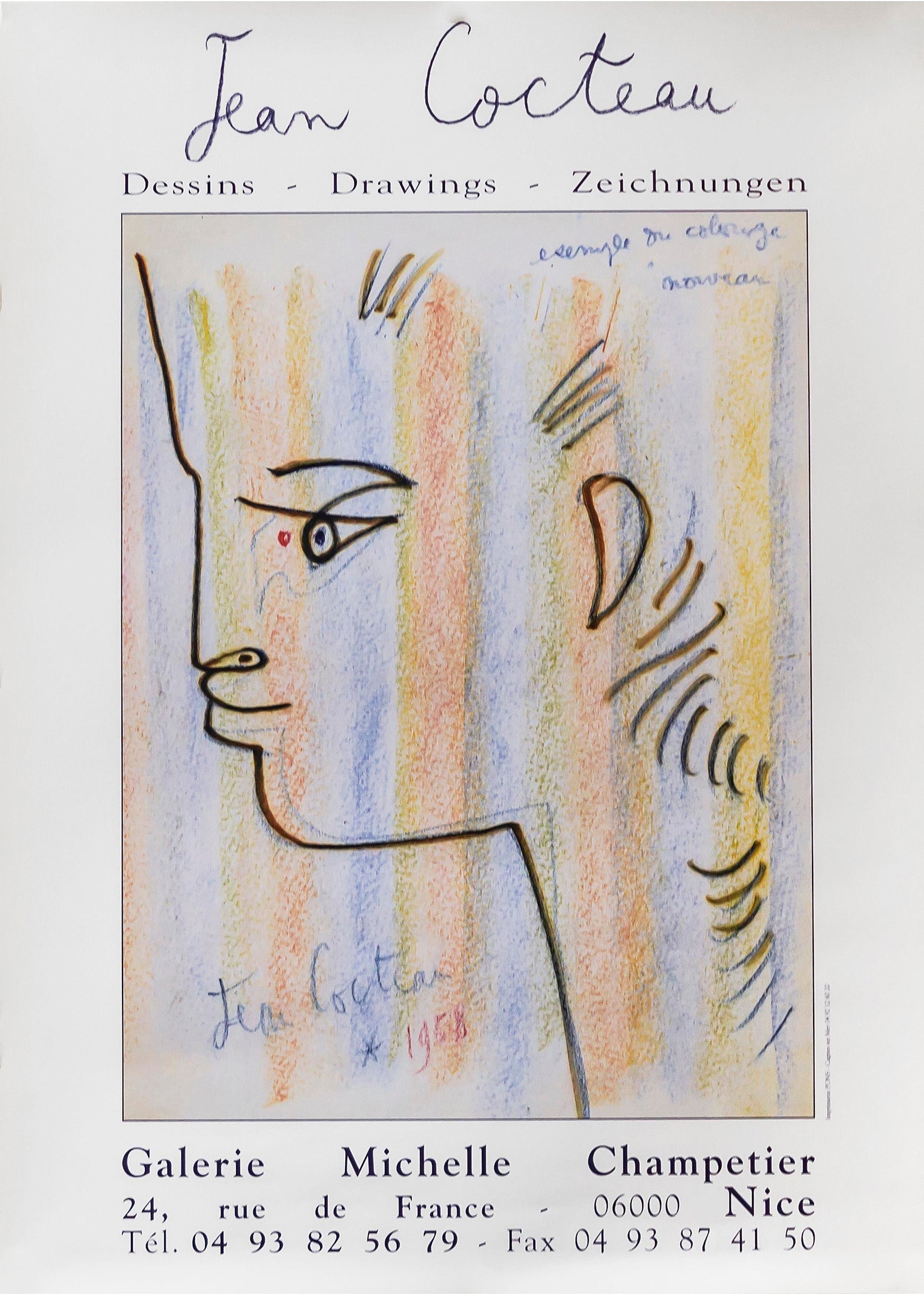 Jean Cocteau 1958 exhibition poster featuring a minimalist profile drawing outlined in black against vertical pastel stripes of blue, yellow, and orange.