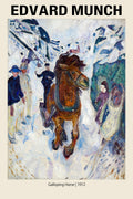 Edvard Munch oil painting, Galloping Horse (1912), depicting a powerful brown horse charging through a snowy, Expressionist landscape surrounded by blurred figures.