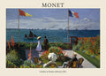 Claude Monet painting "Garden at Sainte-Adresse," featuring Victorian figures in a coastal garden overlooking a blue sea with ships, red flowers, and French flags.