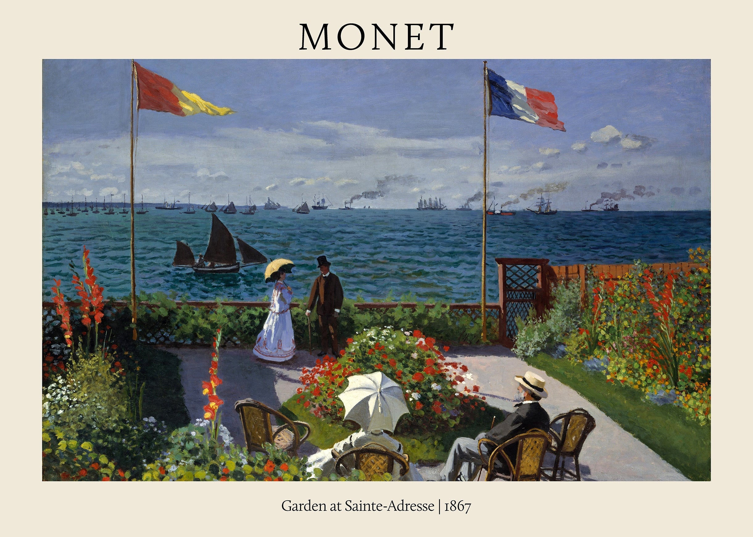 Claude Monet painting "Garden at Sainte-Adresse," featuring Victorian figures in a coastal garden overlooking a blue sea with ships, red flowers, and French flags.