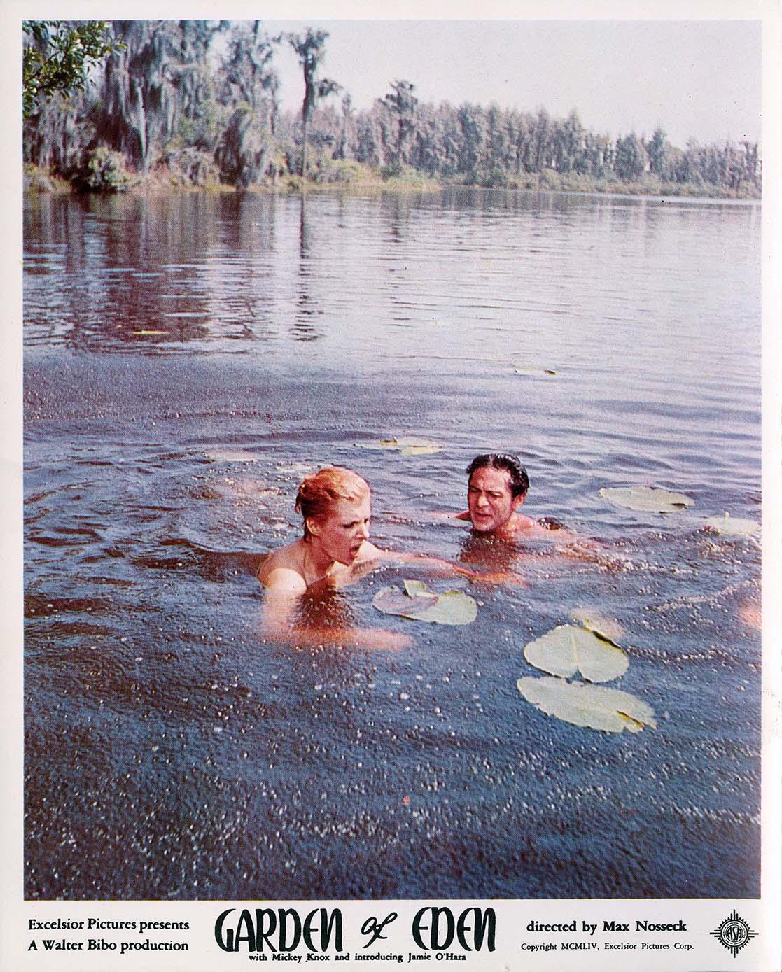 Original color movie poster for Garden of Eden (1954) showing actors Mickey Knox and Jamie O'Hara swimming in a wooded Florida lake.