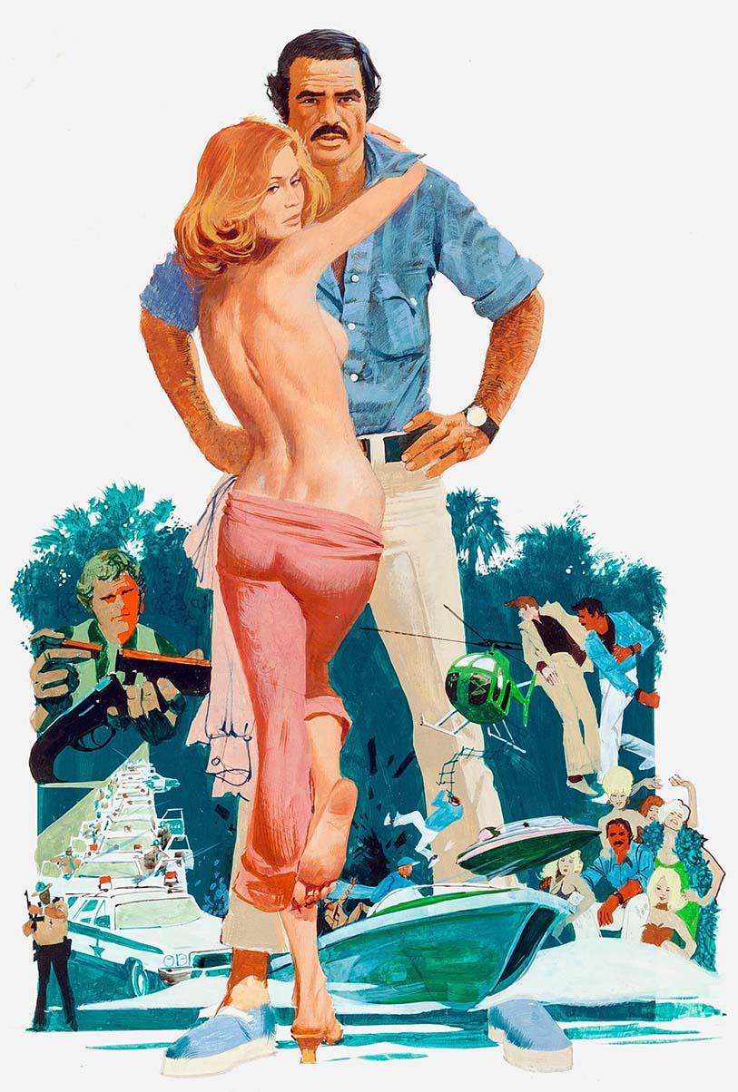 Illustrated poster for the 1976 film Gator showing Burt Reynolds embracing a woman, surrounded by police cars, boats, and action scenes in a vibrant, classic style.