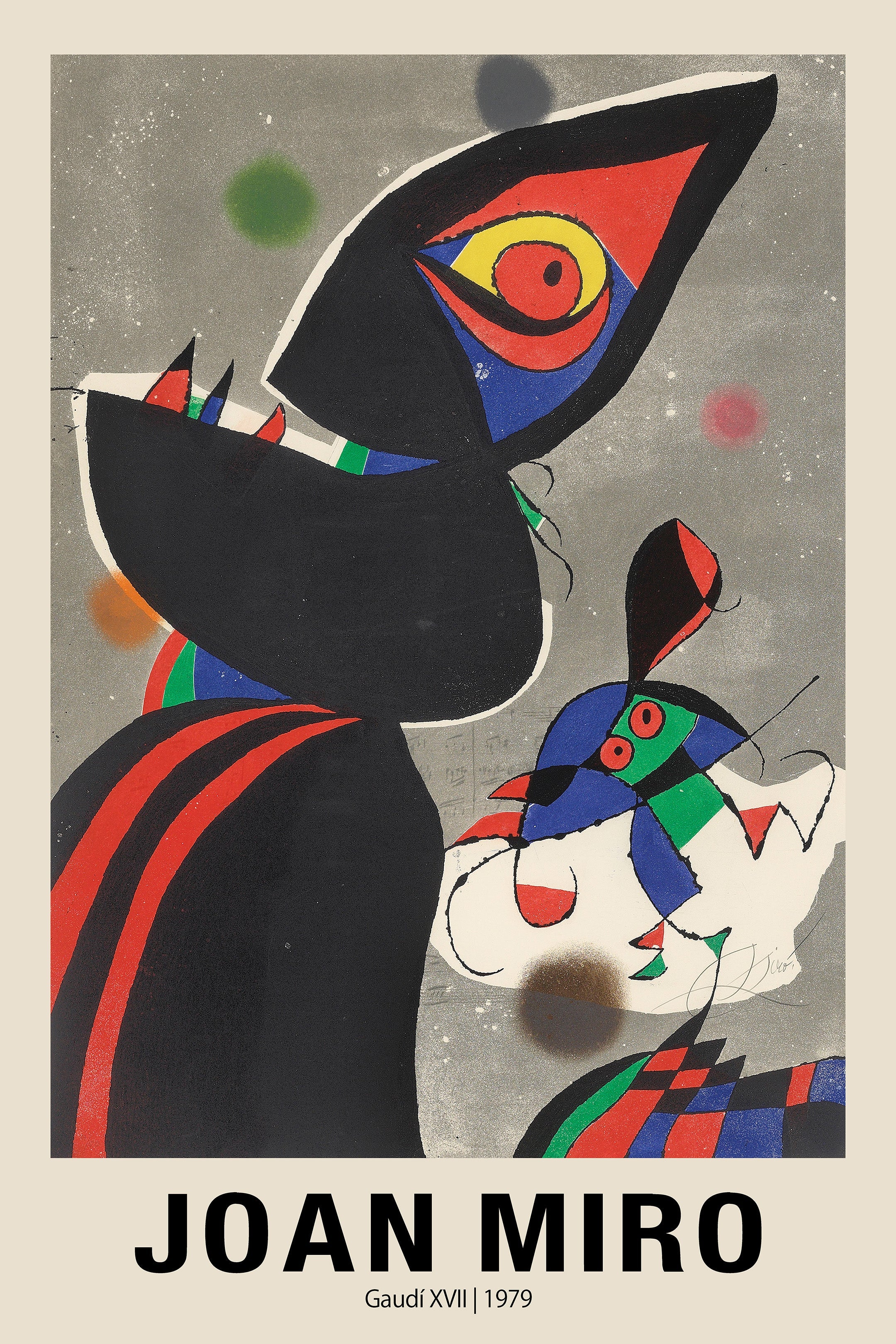 Colorful abstract lithograph by Joan Miró titled Gaudí XVII, 1979, featuring a large black creature and primary color shapes on a speckled grey background.