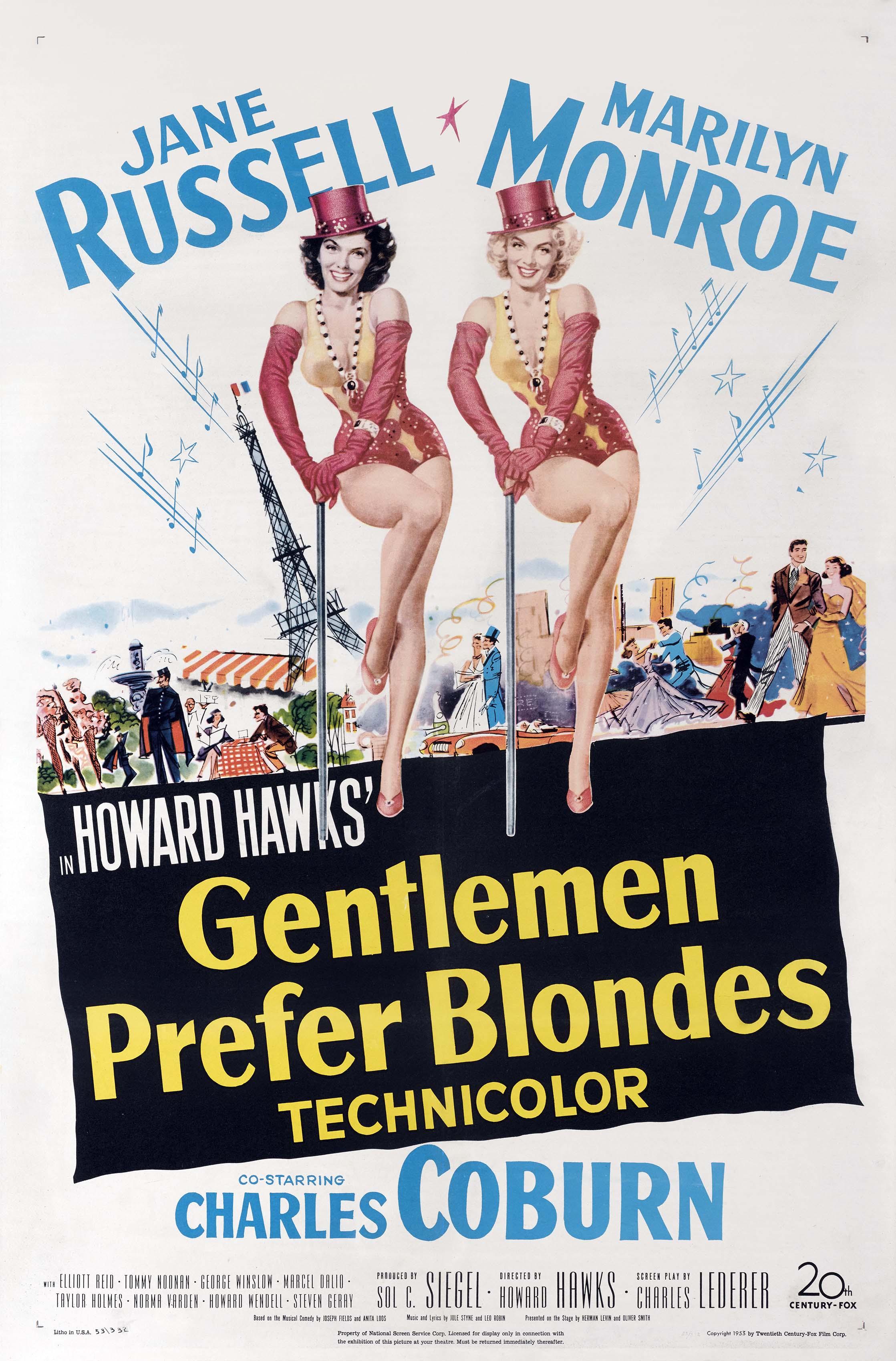Original 1953 theatrical poster for Gentlemen Prefer Blondes featuring Jane Russell and Marilyn Monroe in red showgirl outfits, holding poles.