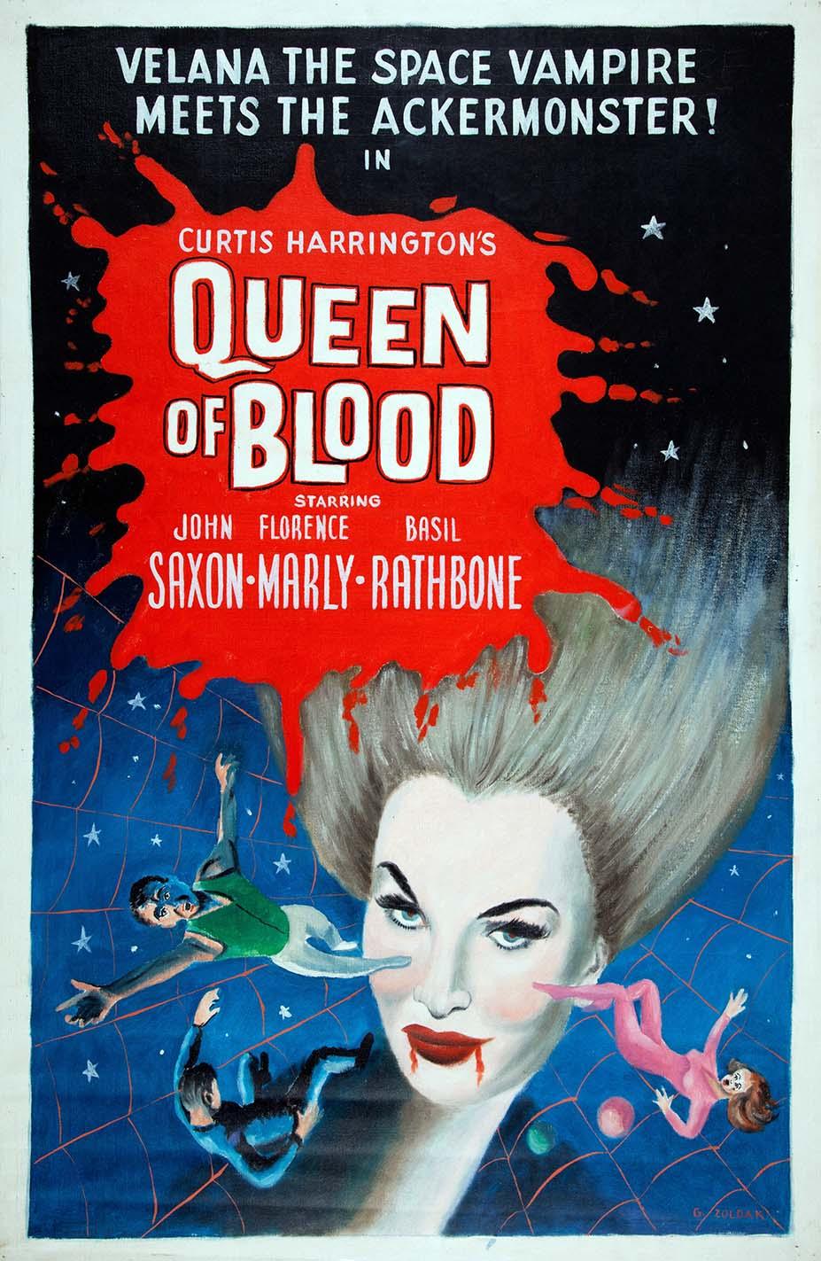 George Zoldak artwork for Queen of Blood movie poster, showing Velana the Space Vampire holding two floating, frantic victims against a blue and black cosmic background with blood-red title typography.