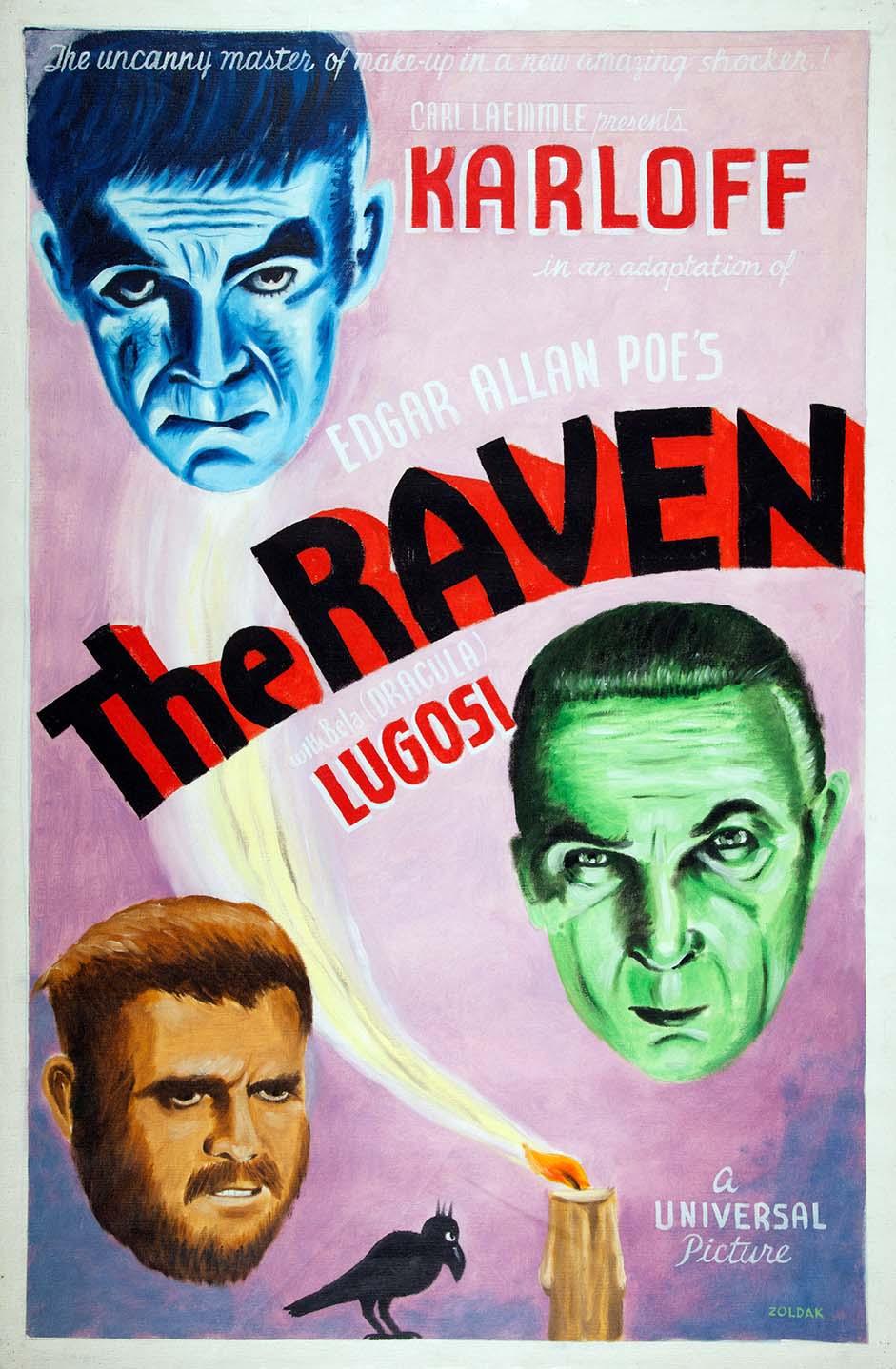 Painted movie poster art for The Raven (1935), showing the faces of Boris Karloff (blue) and Bela Lugosi (green) above the title logo, created by George Zoldak.