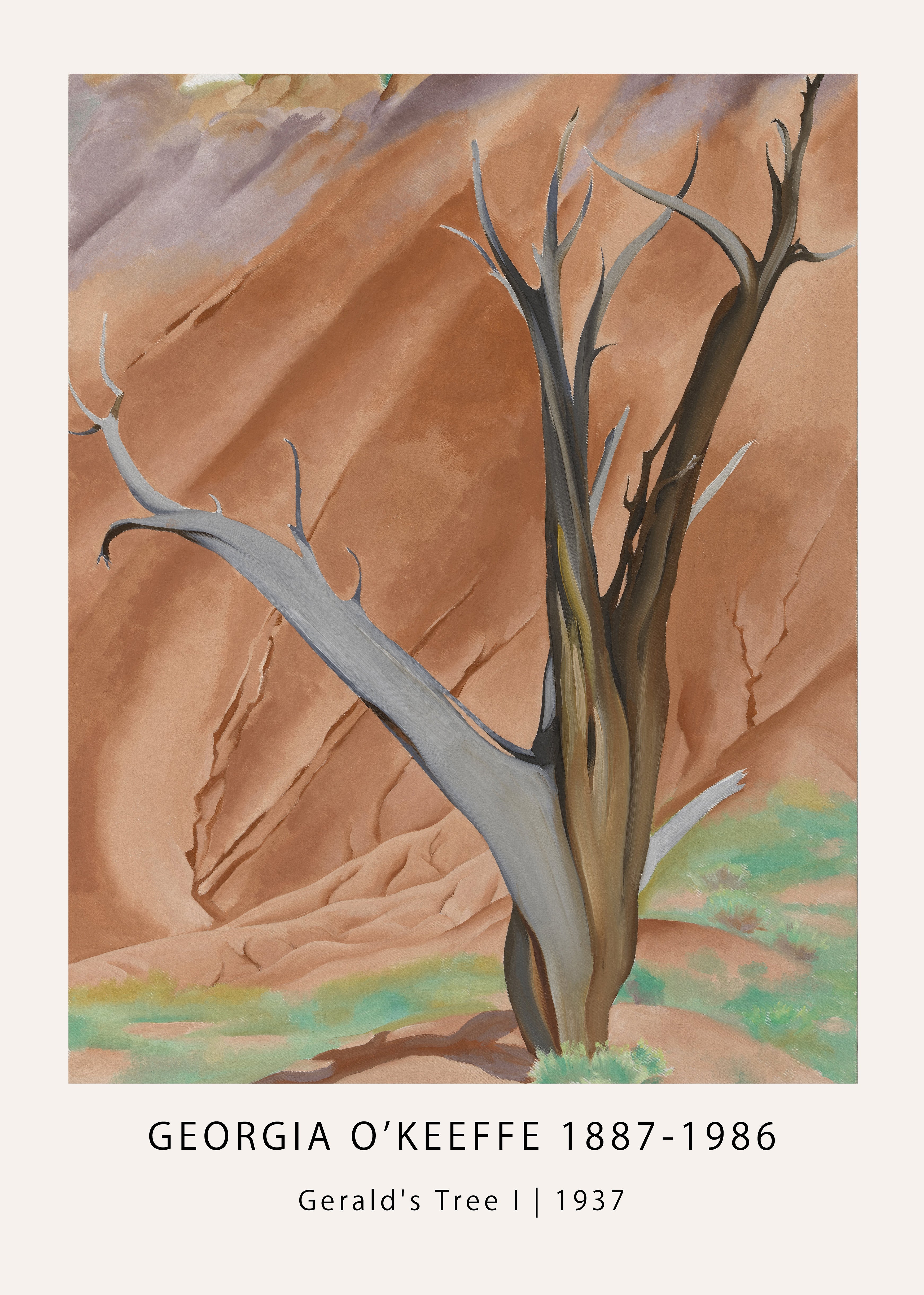 Georgia O'Keeffe's 1937 painting, Gerald's Tree I, depicting a stark, grey, dead tree against a warm, terracotta-colored desert canyon wall.