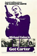 Original 1971 poster art for Get Carter, showing a large purple silhouette of Michael Caine holding a shotgun against a light background.