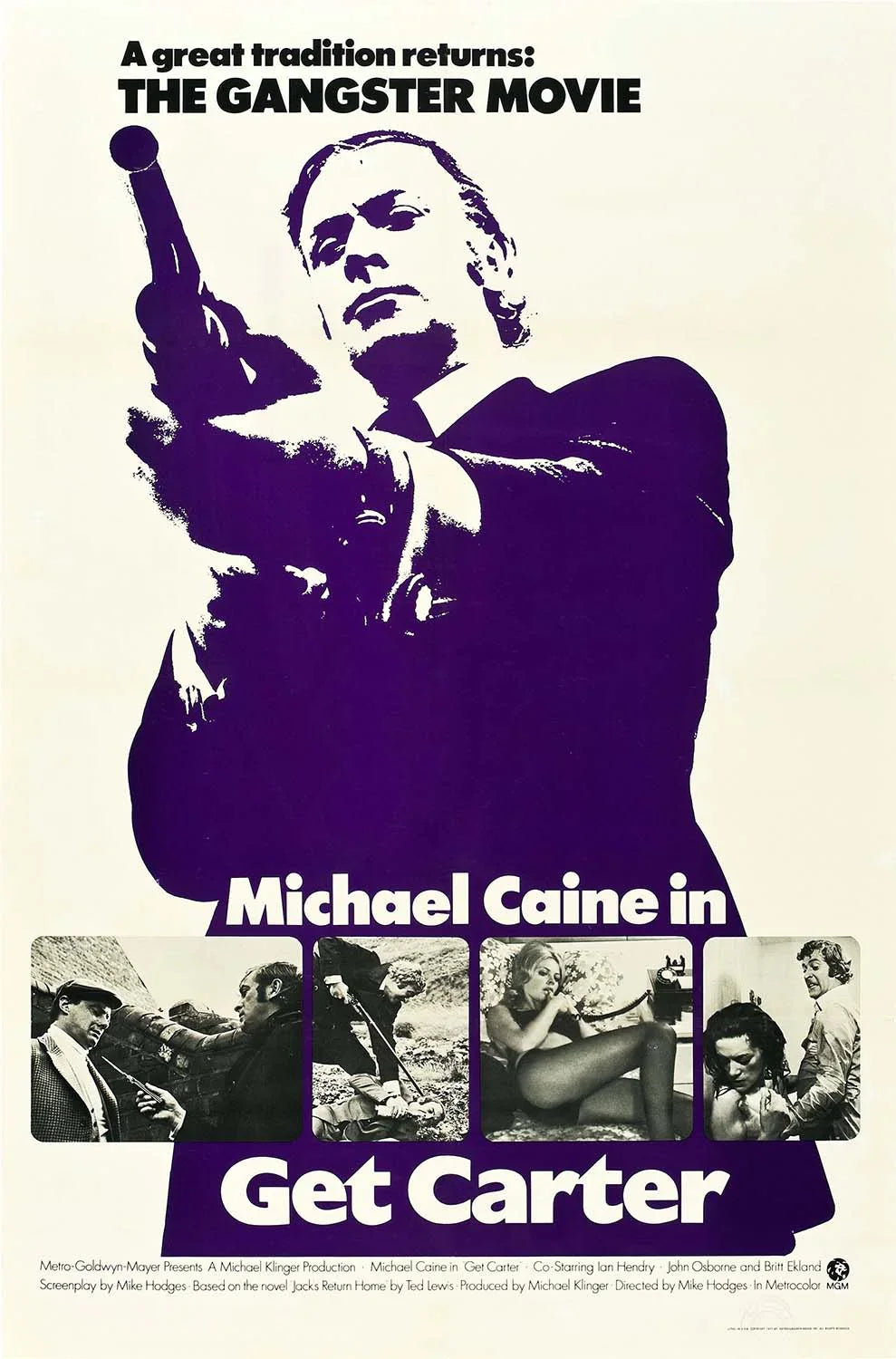 Original Get Carter 1971 movie poster showing Michael Caine's purple silhouette holding a gun and movie stills.