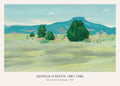 Georgia O'Keeffe painting, 1936 Ghost Ranch Landscape, depicting green sagebrush, turquoise mountains, and a pale blue New Mexico sky.