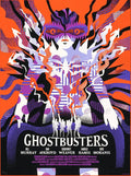 Abstract purple and white figure with patterns and mask on orange background in Ghostbusters movie poster