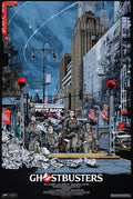 Ghostbusters movie poster showing four ghostbusters in uniform emerging from subway with newspapers flying in New York city street scene