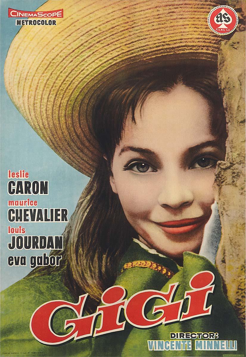 Vintage Spanish movie poster for Gigi (1958) showing a close-up of Leslie Caron in a straw hat, smiling playfully and peering from behind a trunk.