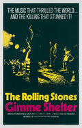 Vintage 1970 Gimme Shelter movie poster featuring silhouettes of The Rolling Stones performing on a dark stage.