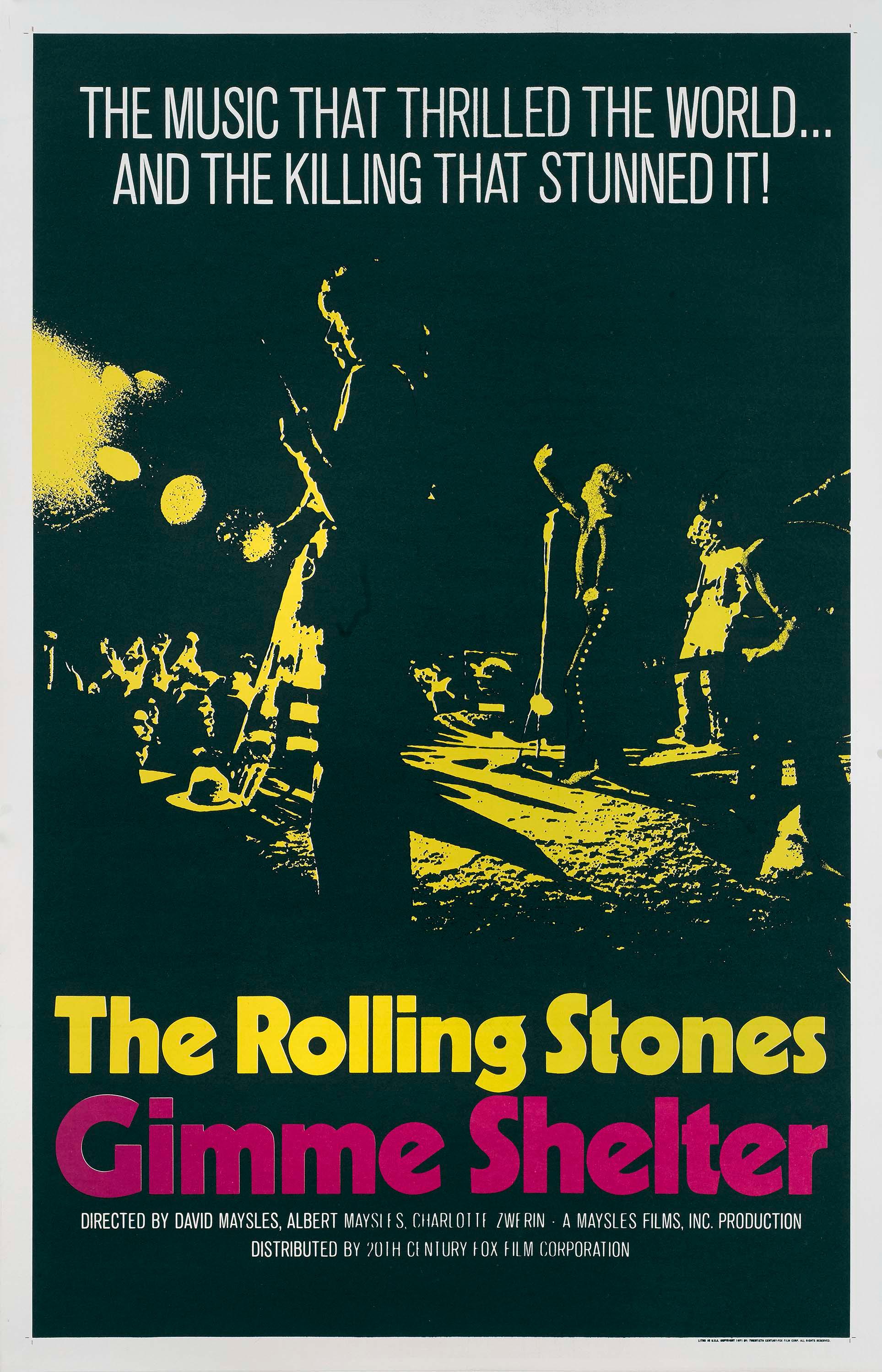 Vintage 1970 Gimme Shelter movie poster featuring silhouettes of The Rolling Stones performing on a dark stage.