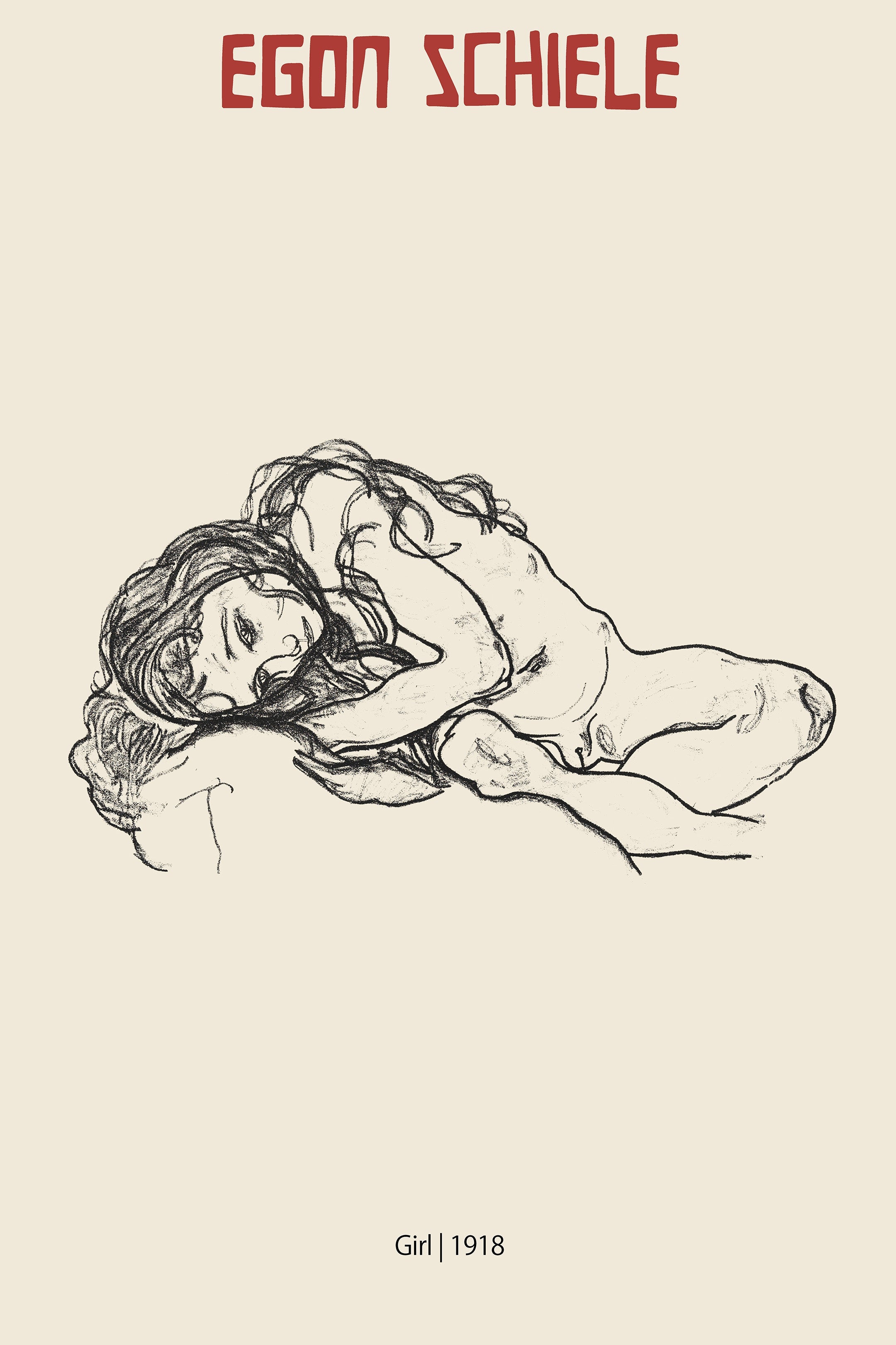 Black charcoal sketch print of "Girl 1918" by Egon Schiele, depicting a thin, reclining female nude figure in an expressionistic style on a cream background.