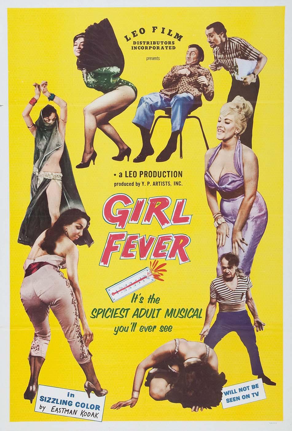 Original 1960 Girl Fever movie poster showing several women in provocative poses and men looking on, against a bright yellow background.