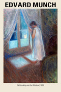 Edvard Munch painting titled "Girl Looking out the Window," depicting a lone figure in white peering through blue-lit curtains.