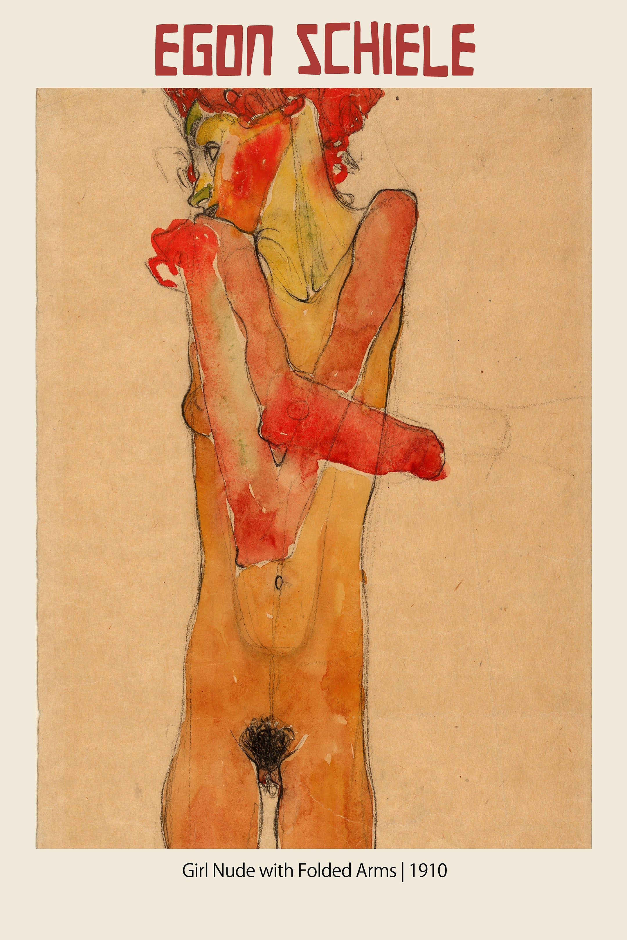 Egon Schiele's 1910 Expressionist drawing "Girl Nude with Folded Arms" in watercolor and pencil on paper, featuring highly saturated red and yellow tones.
