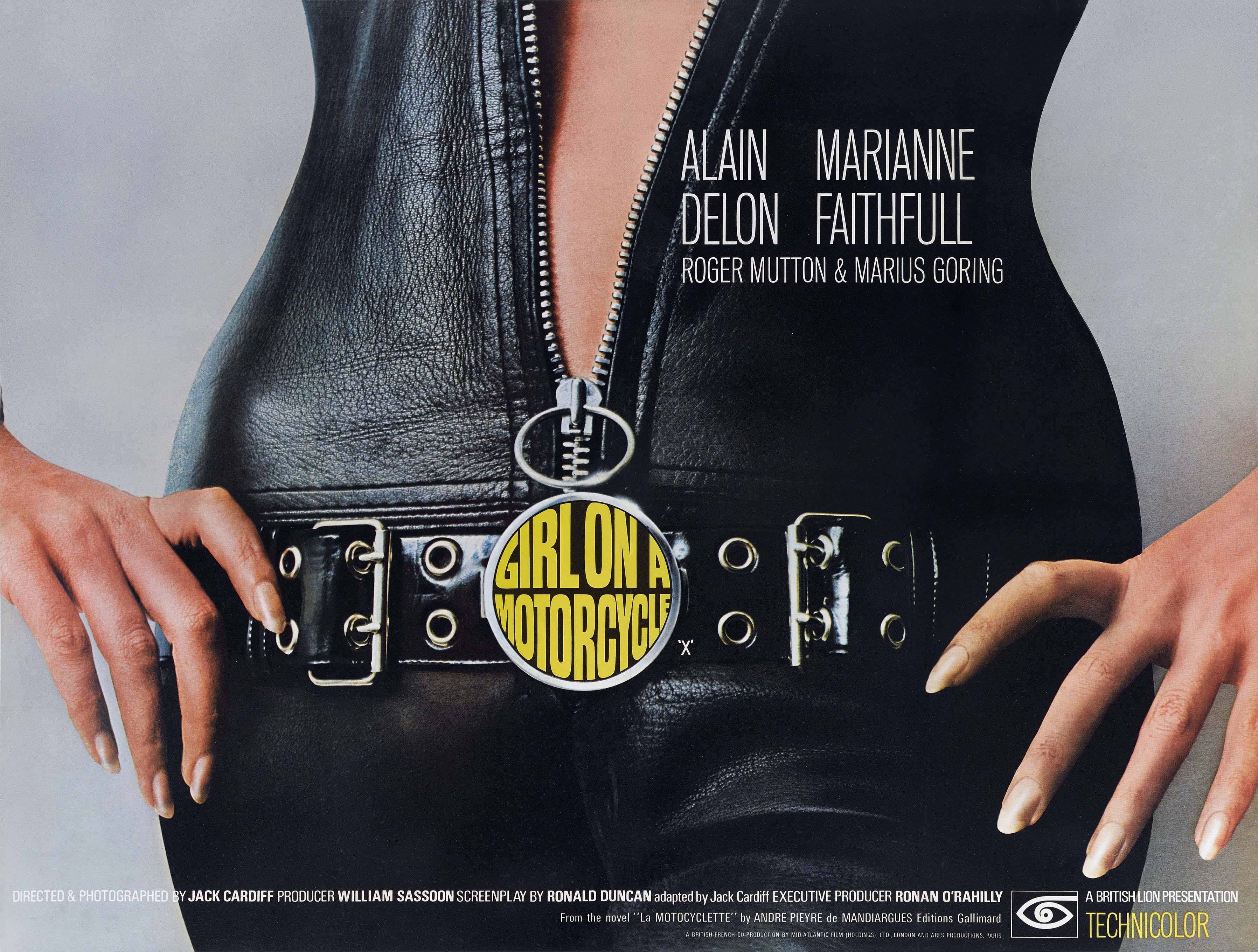 Close-up of the original 1968 movie poster for Girl on a Motorcycle, featuring a person in a tight black leather jumpsuit partially unzipped, with the movie title on the buckle.