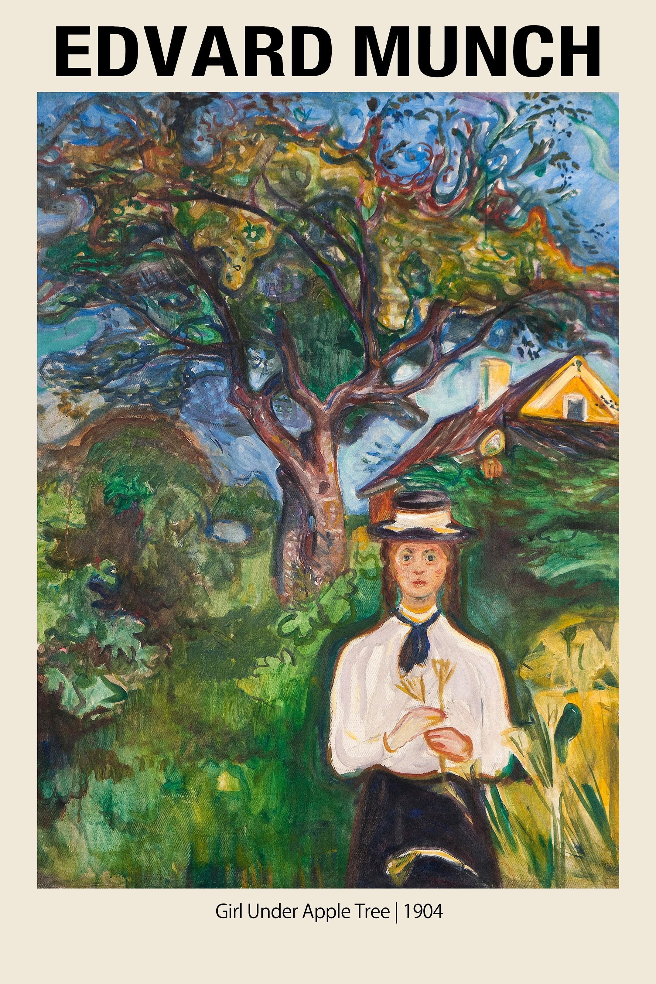 Edvard Munch's 1904 oil painting, "Girl Under Apple Tree," depicting a young woman standing in a lush, vibrant green garden with a yellow cottage in the background.