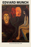 High-quality print of Edvard Munch's 1898 painting featuring a woman seated among three mask-like male heads in dark, expressionistic colors and rich ochre.