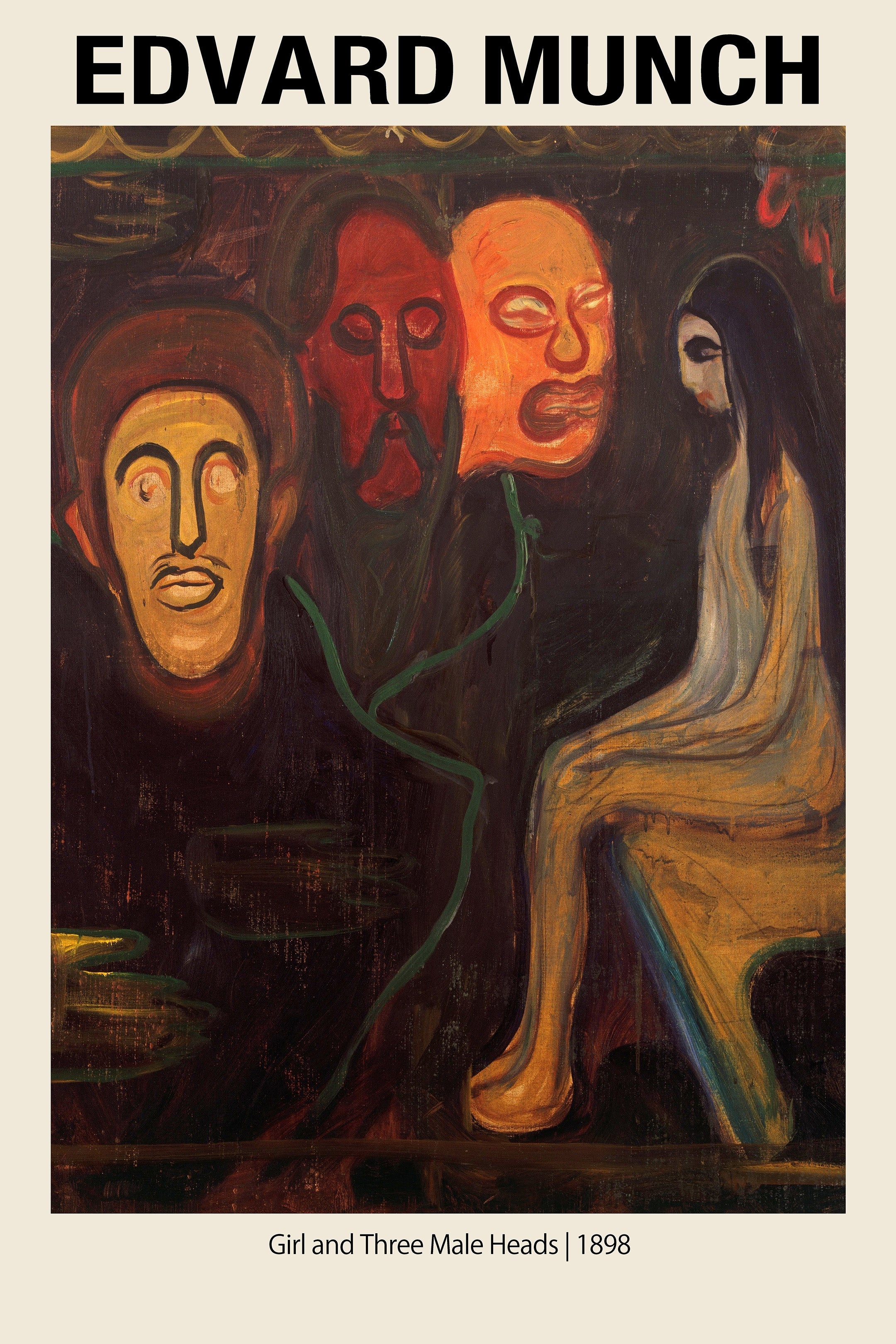 High-quality print of Edvard Munch's 1898 painting featuring a woman seated among three mask-like male heads in dark, expressionistic colors and rich ochre.