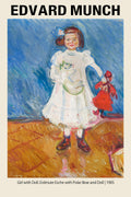 Edvard Munch painting reproduction of Erdmute Esche, a girl in a white dress holding a red doll and a polar bear toy.