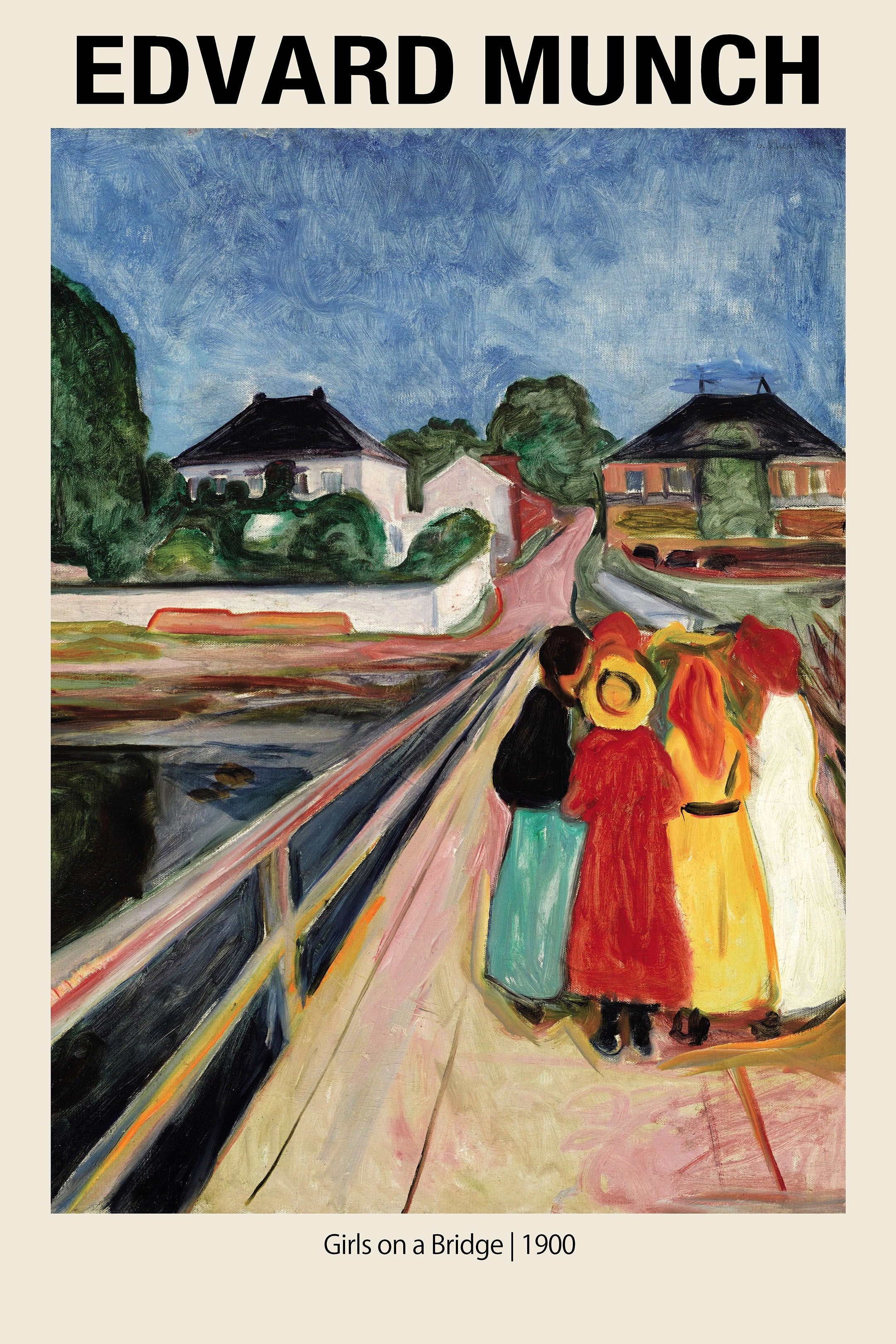Edvard Munch oil painting reproduction of "Girls on a Bridge" (1900), showing five girls in colorful dresses standing on a pink bridge railing overlooking dark water.