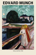 Oil painting by Edvard Munch, titled Girls on the Pier (1904), depicting three figures with a red shawl and yellow hat standing by dark water.
