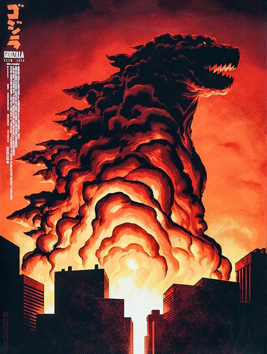 Godzilla shaped from fiery smoke and clouds rising behind city buildings at sunset