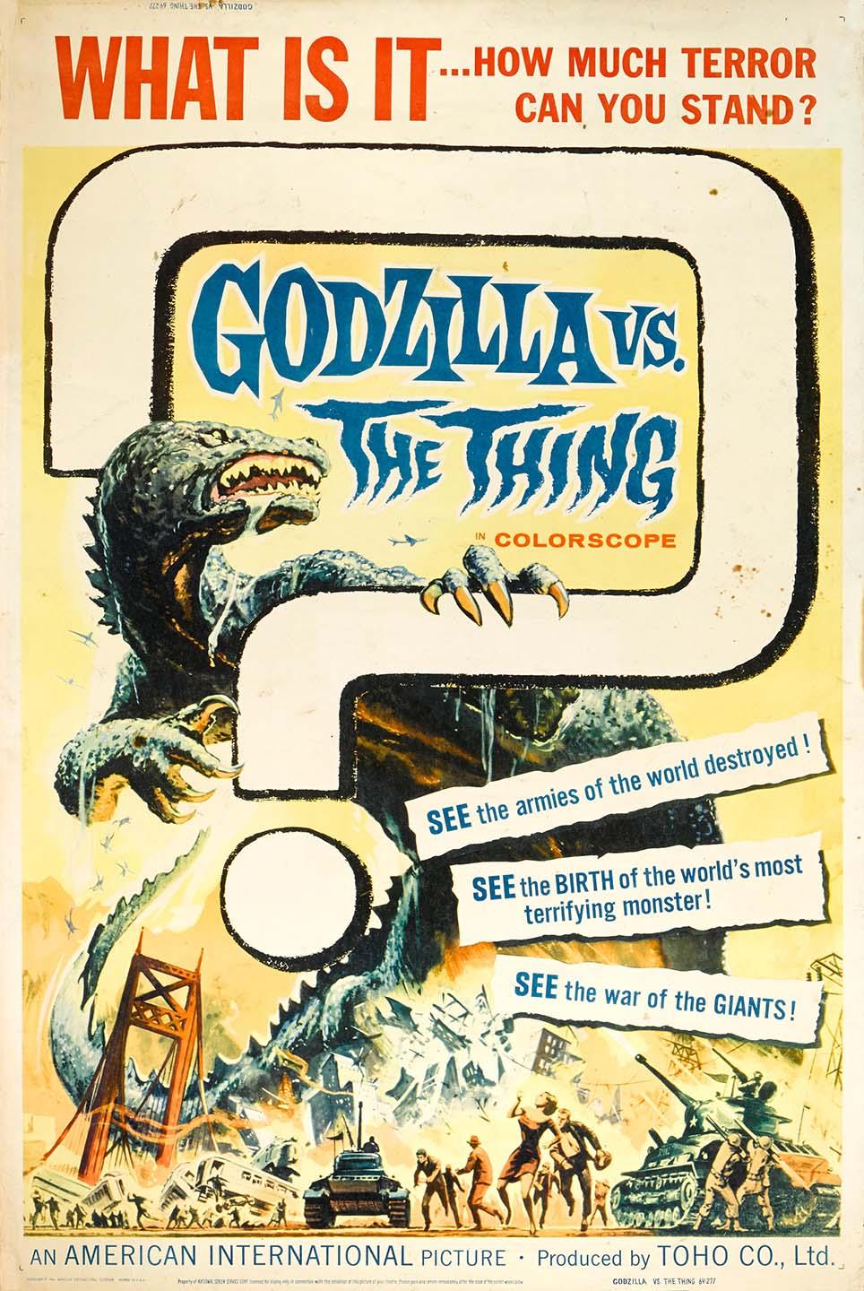 Vintage movie poster for Godzilla vs. The Thing showing Godzilla peering over a giant question mark above a scene of urban destruction.