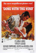 Vintage poster art for Gone With the Wind showing Clark Gable embracing Vivien Leigh against a dramatic, fiery orange backdrop and imagery of the Southern mansion.