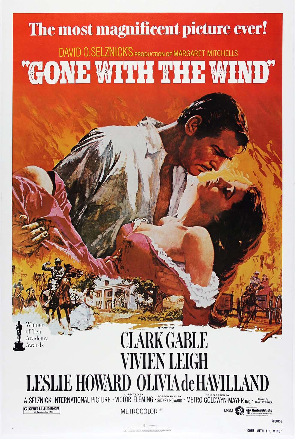 Vintage Gone With the Wind movie poster showing Rhett Butler (Clark Gable) embracing Scarlett O'Hara (Vivien Leigh) against a dramatic fire background.