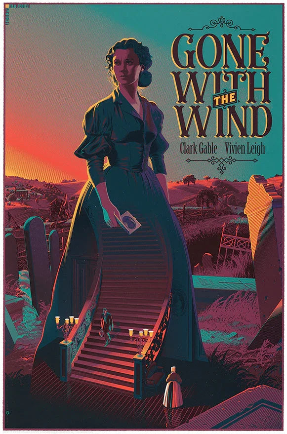 Illustration of a woman in a long dress forming a staircase, with a man walking down the stairs, set in a dark hall mansion landscape, Gone with the Wind movie poster