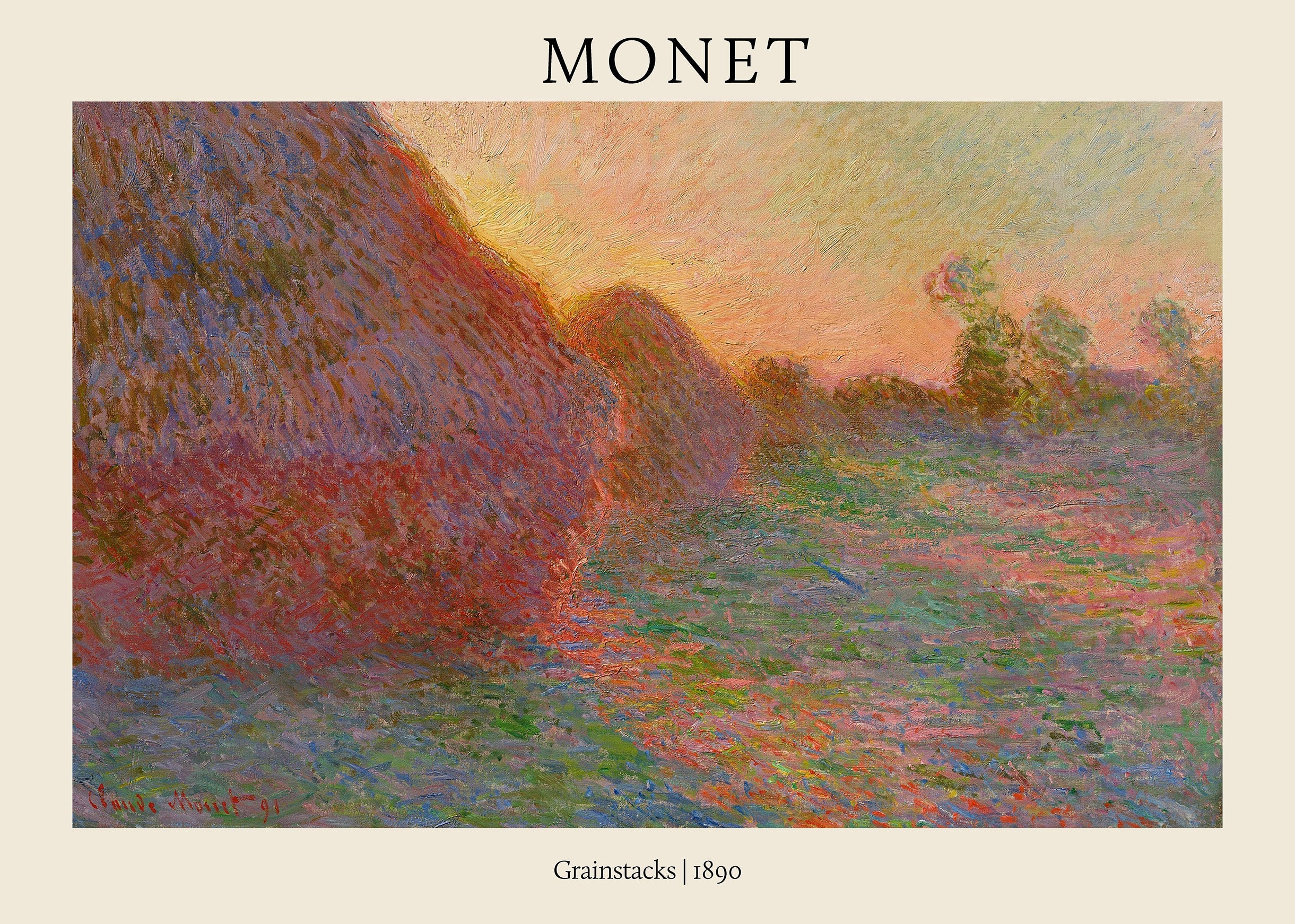 High-resolution art reproduction of Claude Monet's 1890 Impressionist painting, Grainstacks (Meules), showing bales bathed in intense sunset red and orange light.