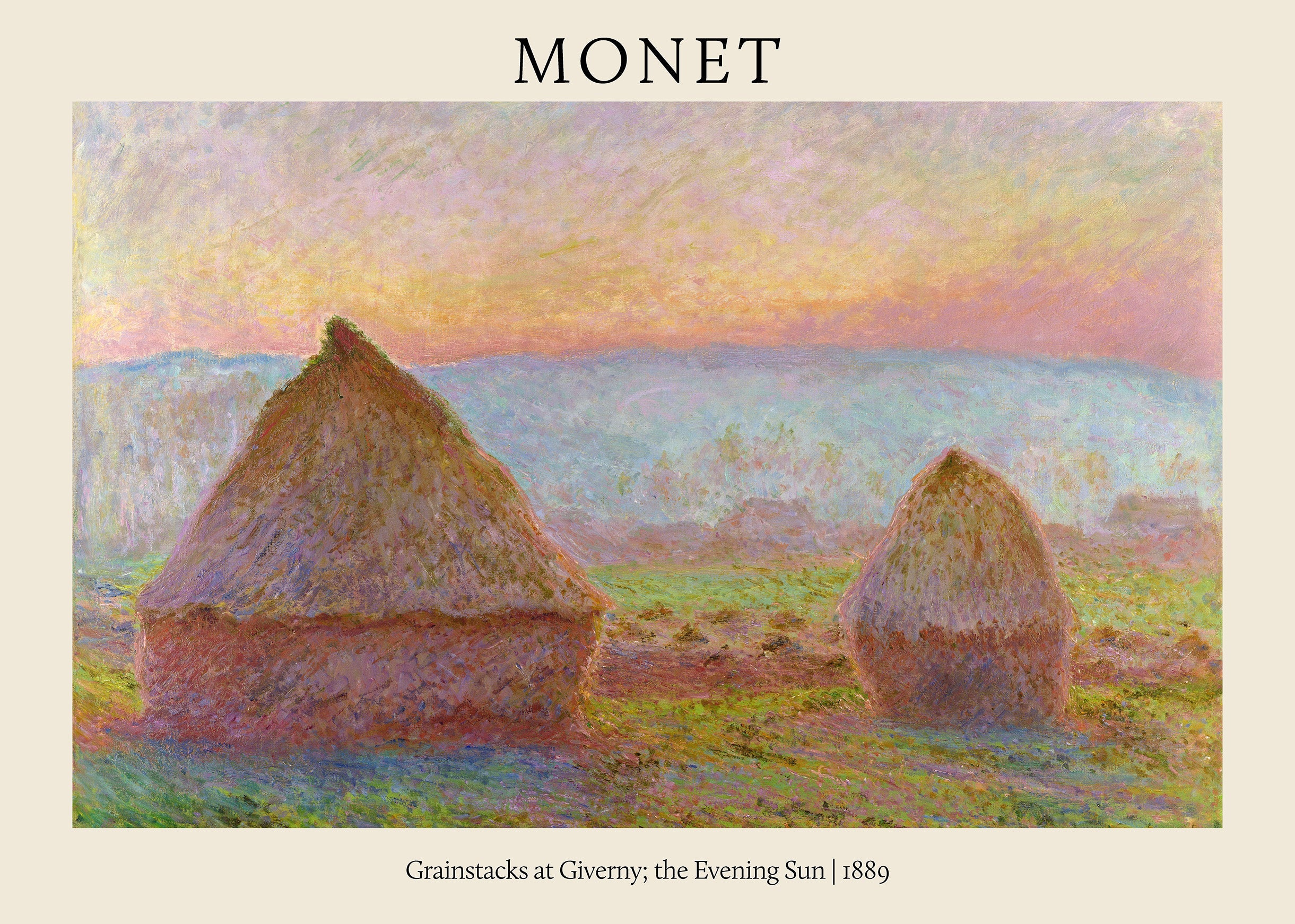 Impressionist oil painting by Claude Monet titled "Grainstacks at Giverny," featuring two haystacks bathed in pink, orange, and yellow evening light.