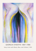 Reproduction print of Georgia O'Keeffe's 1925 painting, "Gray Lines with Black, Blue, and Yellow," showing abstract, vertical floral forms in purple, blue, yellow, and black.