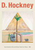 David Hockney painting reproduction of the Great Pyramid at Giza, a palm tree, and a fractured blue head sculpture from the 1963 artwork.