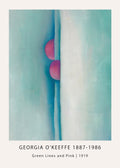Georgia O'Keeffe abstract painting, "Green Lines and Pink," 1919. Vertical white and blue lines contrast with two magenta spheres on a soft teal background.