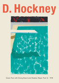 Poster of David Hockney's 'Green Pool with Diving Board and Shadow' (1978), showing textured teal water and abstract modernist shapes.
