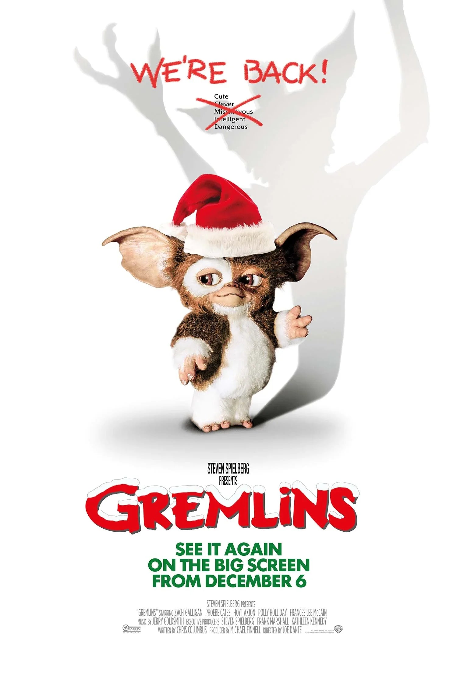 Iconic Gremlins movie poster showing a cute Mogwai wearing a Santa hat, whose shadow reveals a sharp-clawed, dangerous Gremlin figure, symbolizing the Christmas horror-comedy classic.