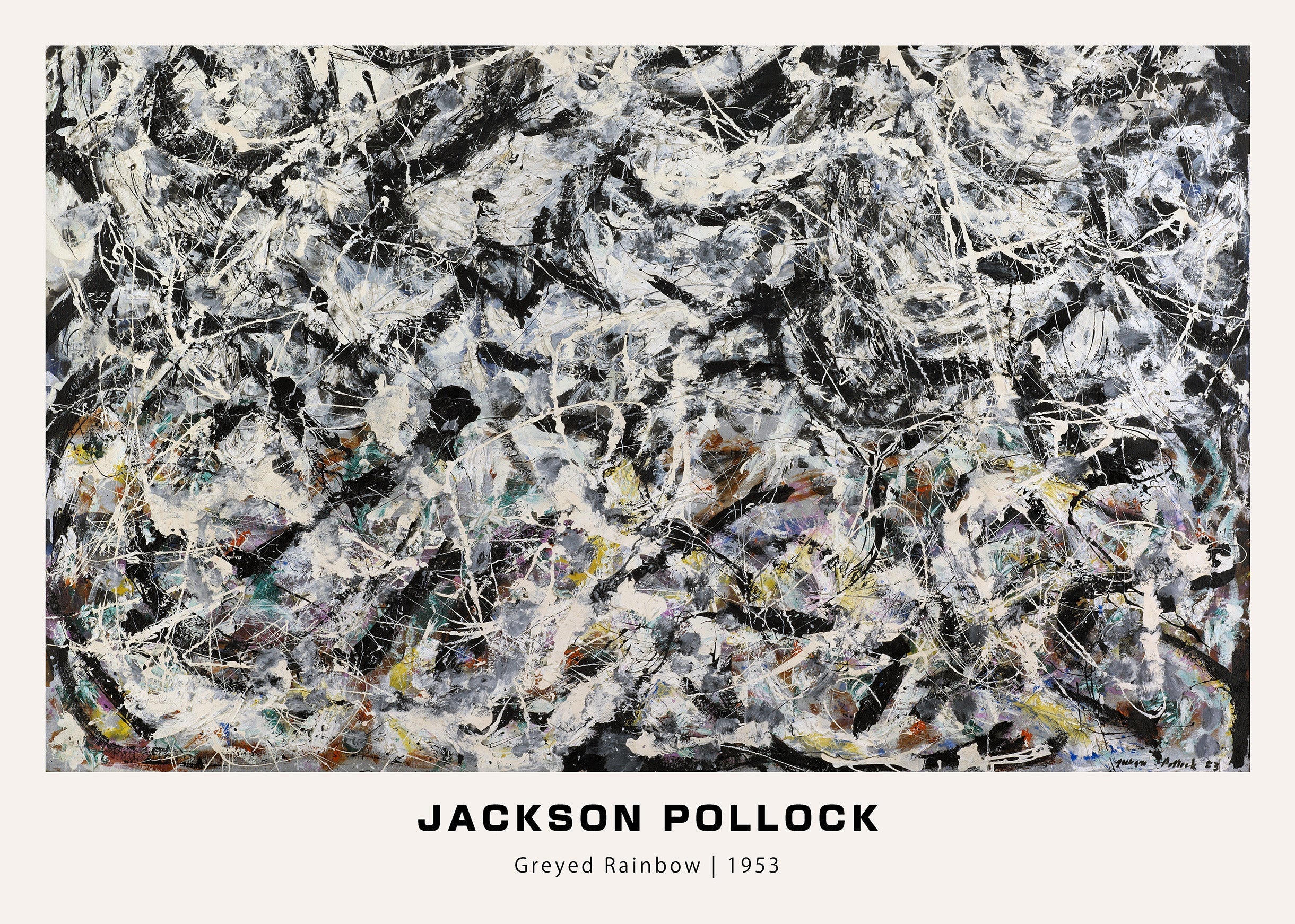 Jackson Pollock 1953 "Greyed Rainbow" abstract drip painting reproduction featuring chaotic black, white, and grey paint splatters.