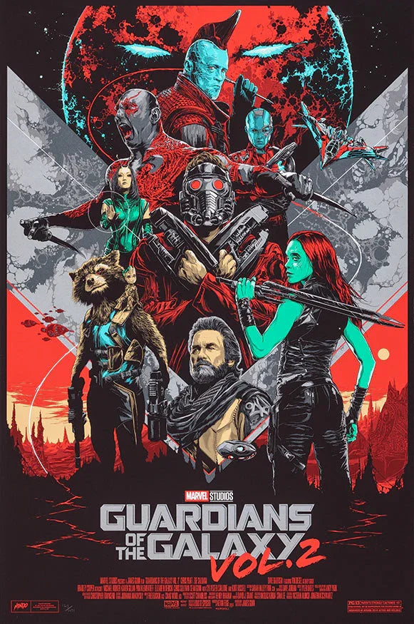Guardians of the Galaxy Vol. 2 poster featuring Star-Lord, Gamora, Rocket, Drax, Yondu, Nebula, and Ego with cosmic background